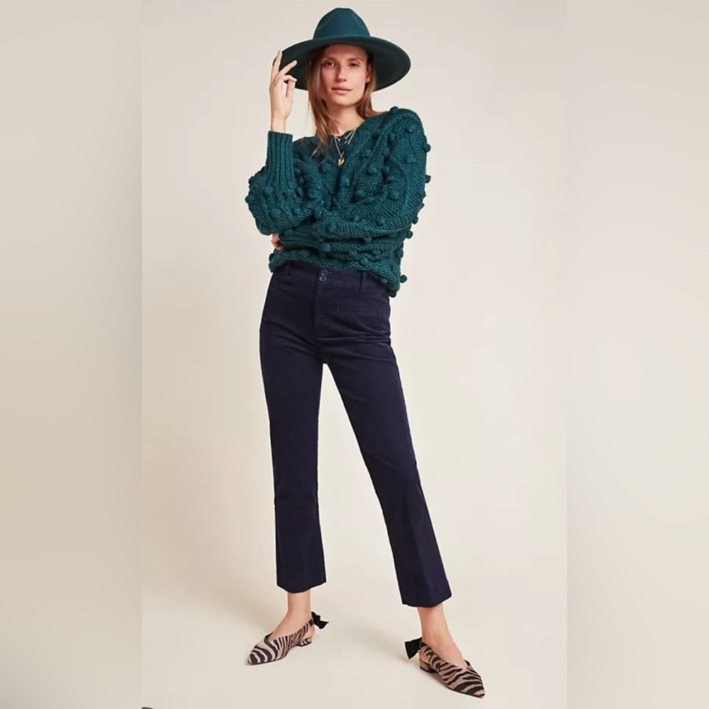 Anthropologie Women Corduroy Crop Flare Pants Blue Sz 10 Preppy Classic Office